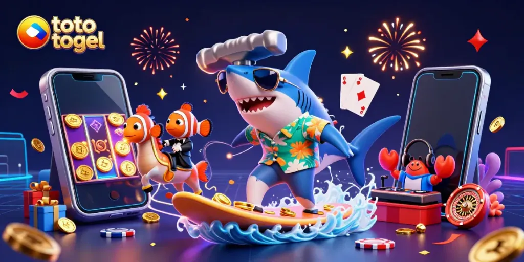 Experience thrilling action with toto togel as the shark surfs on gold coins, blending fun and chance.