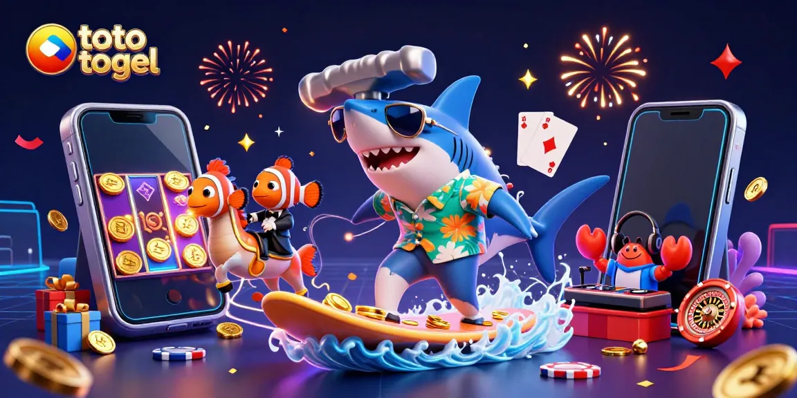 Experience thrilling action with toto togel as the shark surfs on gold coins, blending fun and chance.