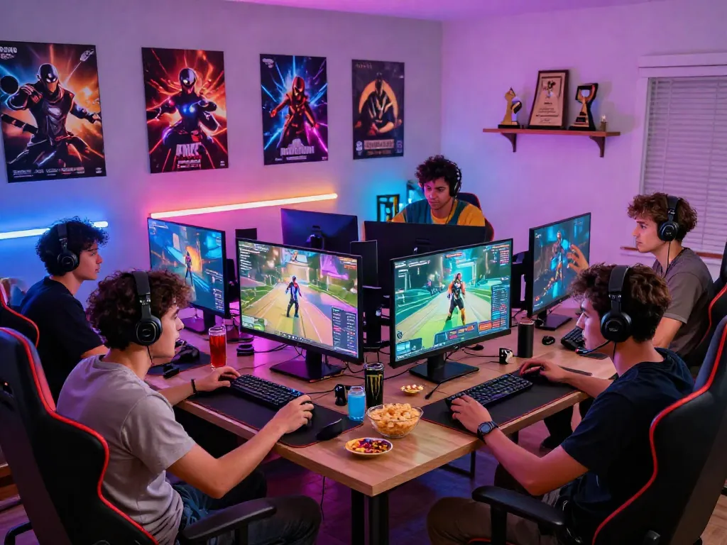 Engaging gaming scene with friends enjoying warung168 multiplayer session, snacks, and vibrant LED lights.