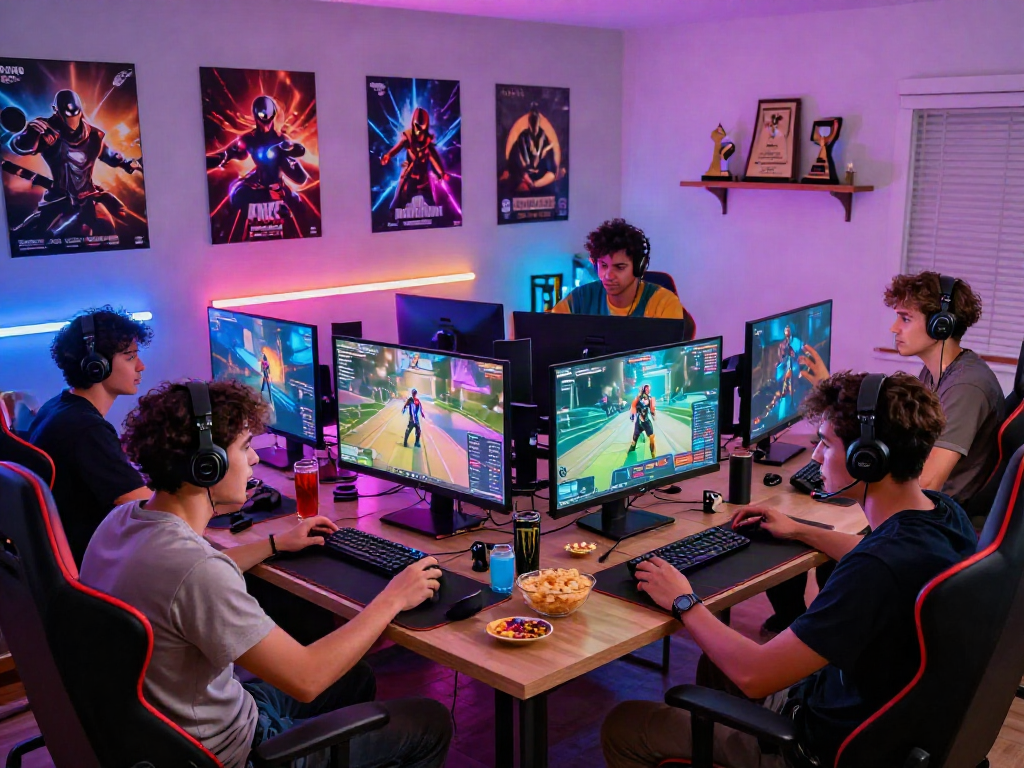 Engaging gaming scene with friends enjoying warung168 multiplayer session, snacks, and vibrant LED lights.