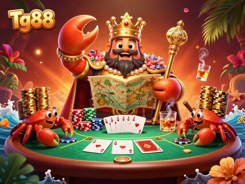 Tg88 community poker scene featuring a golden crab emperor with treasure map and poker elements for an engaging casino experience.