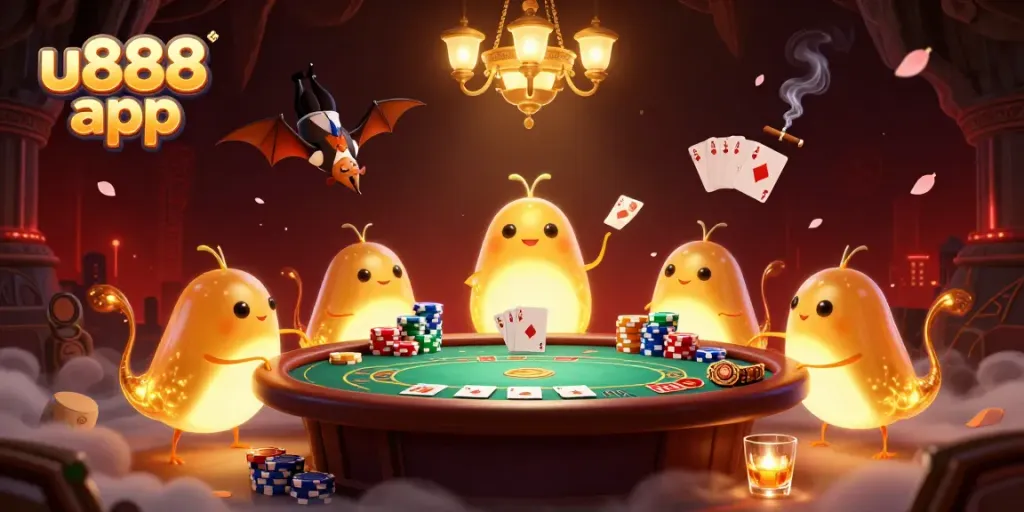 Experience the u888 app with glowworms lighting up a casino scene filled with poker action.
