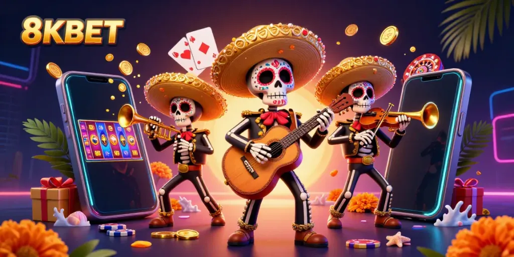 Engage with the vibrant world of 8KBET gaming, featuring a lively mariachi band.