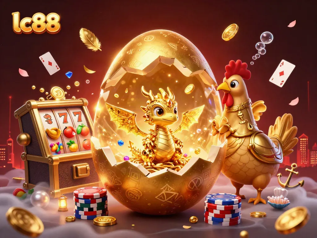 Join the fun with lc88 as a golden dragon emerges from a cracking egg atop poker chips, surrounded by exciting casino elements.
