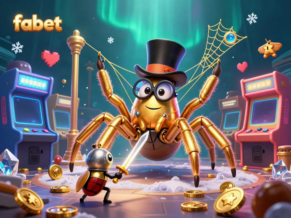 Experience fabet's thrilling world where a golden tarantula weaves golden threads, surrounded by colorful gaming elements.