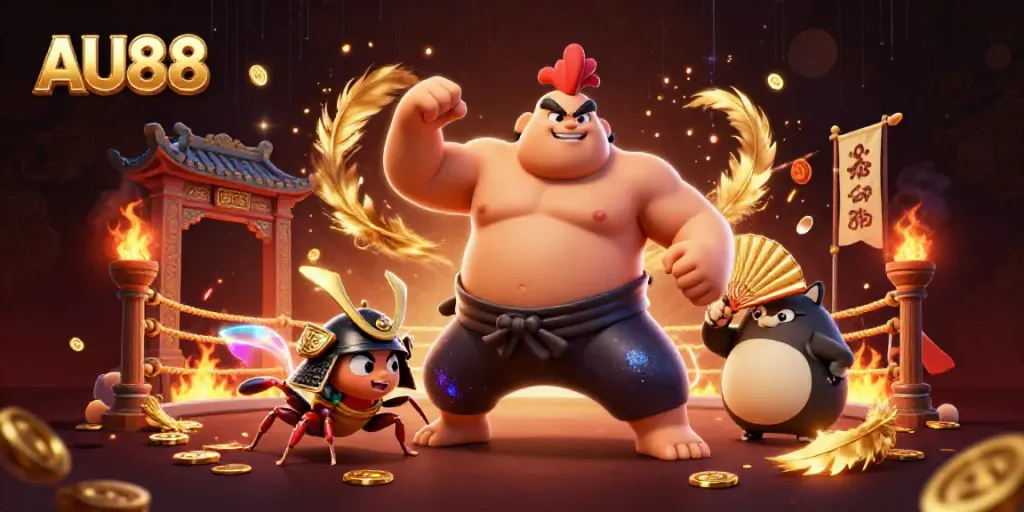 Experience thrilling battles at AU88 with a powerful sumo wrestler rooster and samurai cricket in action.