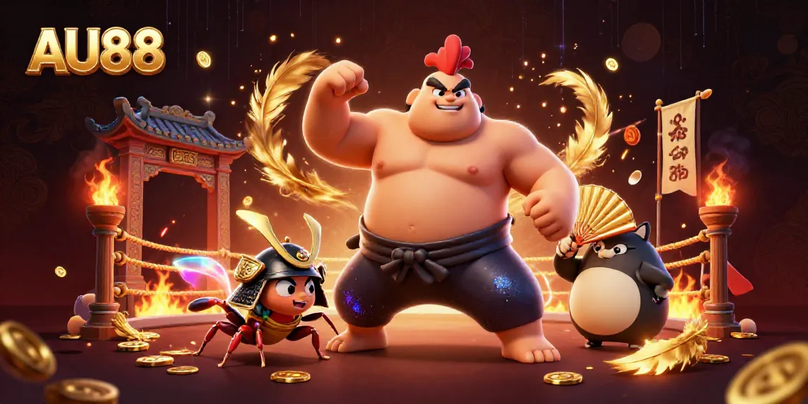 Experience thrilling battles at AU88 with a powerful sumo wrestler rooster and samurai cricket in action.
