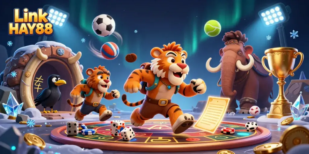 Experience the thrills at Link HAY88 with action-packed prehistoric casino scenes.
