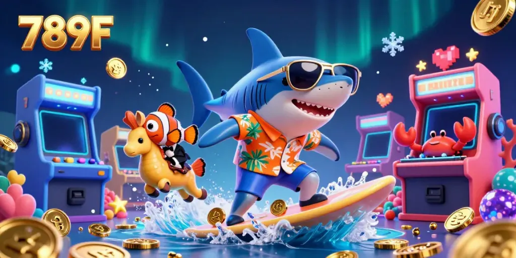 Experience the vibrant world of 789F with a hammerhead shark surfing gold coins in a lively casino scene.