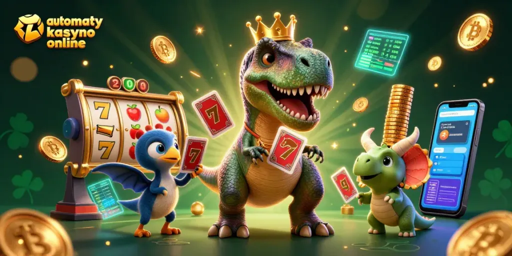 Play automaty kasyno online with a 3D T-Rex dealer as vibrant slot reels surround him.
