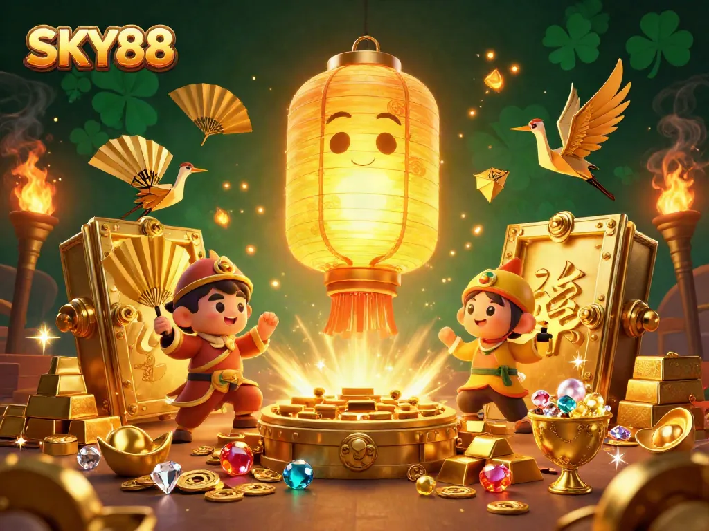 Engage with the thrilling spirit of SKY88 in this vibrant casino illustration filled with luck and prosperity.
