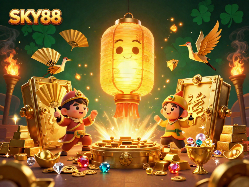 Engage with the thrilling spirit of SKY88 in this vibrant casino illustration filled with luck and prosperity.