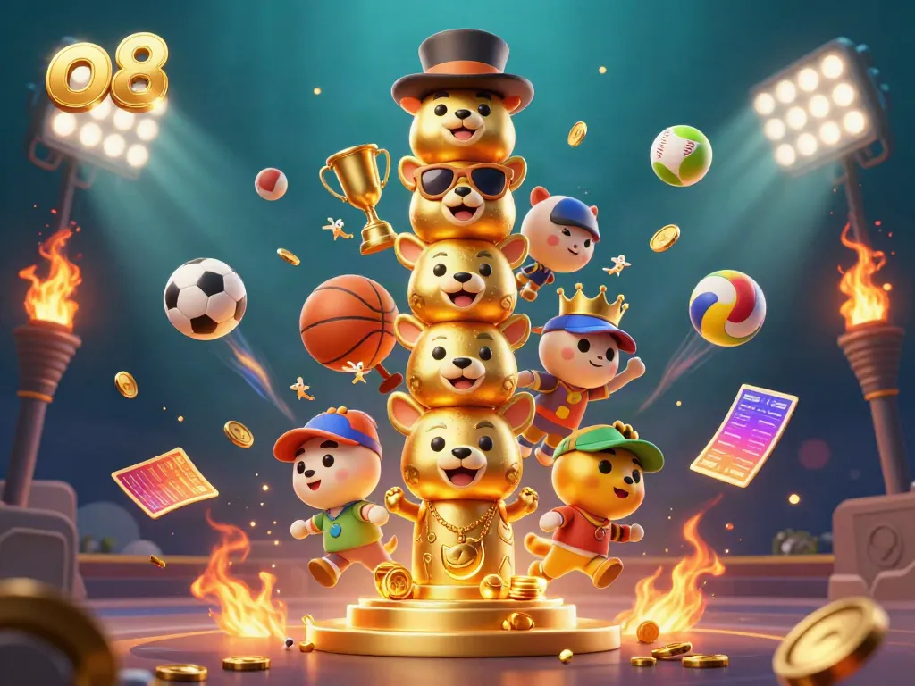 Experience thrilling gameplay with o8 as vibrant casino elements and dynamic sports balls fill the scene.
