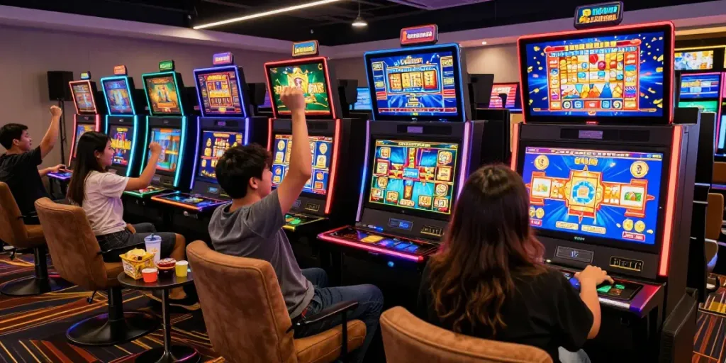 Lumbung88 online casino gaming scene with diverse players celebrating wins at digital slot machines.