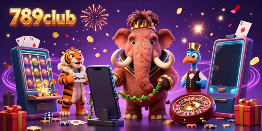 Engage with the vibrant 789club casino scene featuring a woolly mammoth bouncer, saber-tooth guest, and dodo doorman.