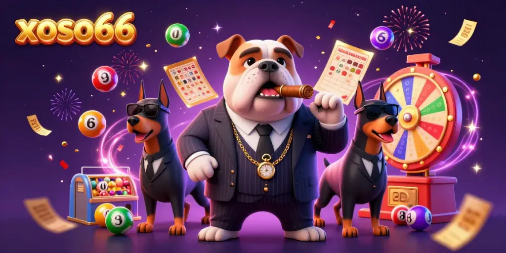 Engage with xoso66 through a vibrant 3D illustration of a cartoon mafia boss bulldog and lottery elements.