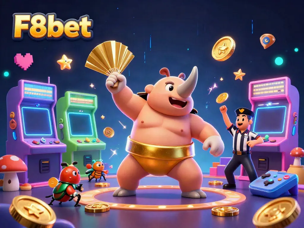 F8bet - Witness the colorful action of a sumo champion rhinoceros beetle amidst a vibrant casino arcade