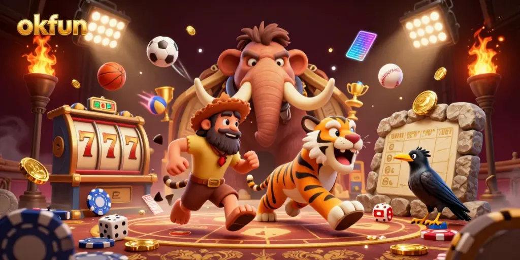 Experience thrilling gameplay at okfun's ancient casino with vibrant cavemen, slot reels, and dynamic sports elements.
