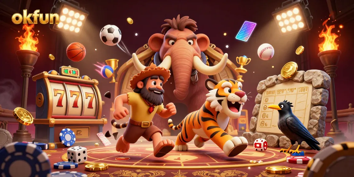 Experience thrilling gameplay at okfun's ancient casino with vibrant cavemen, slot reels, and dynamic sports elements.