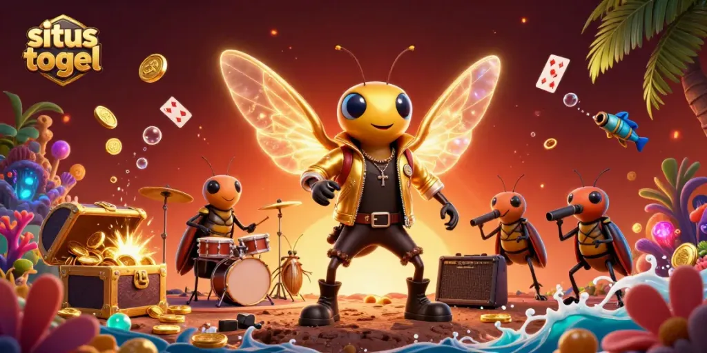 Win big with situs togel in this exciting cartoon scene showcasing a cicada rock star and lively gaming elements.