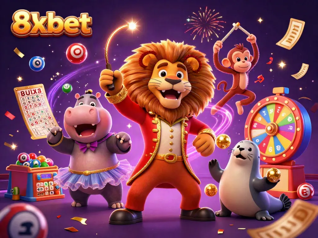 Experience the exhilarating world of 8xbet with vibrant characters and dynamic gaming elements in a casino-themed celebration.