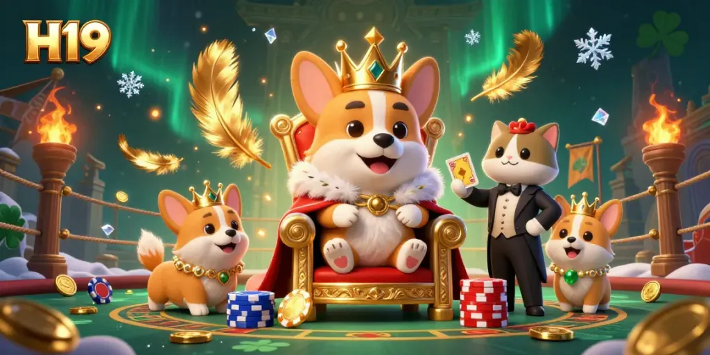 Experience the excitement of H19 with a royal corgi surrounded by lively casino elements.