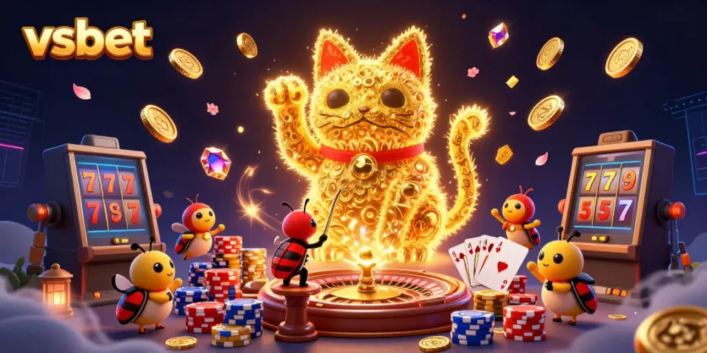 Experience the excitement of vsbet with a golden lucky cat and dynamic casino elements.