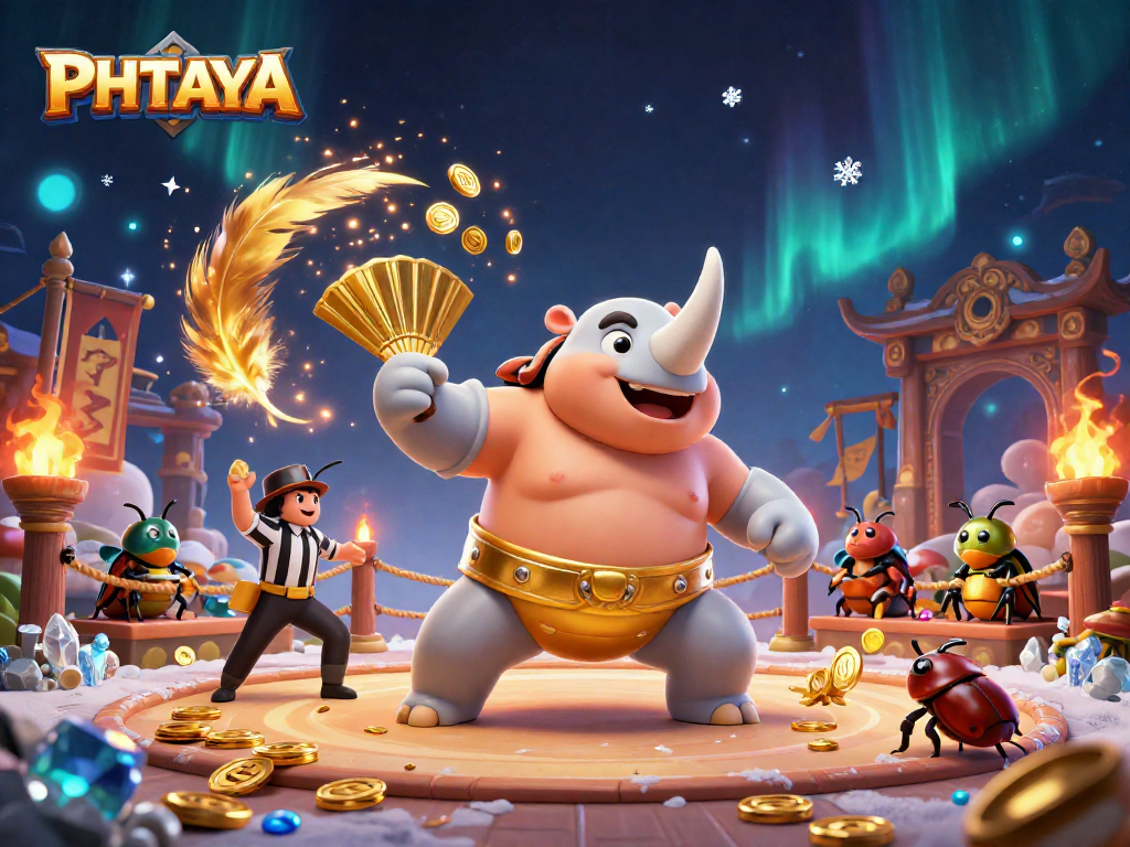 PHTAYA gaming action scene with a rhinoceros beetle sumo champion amidst golden coins and vibrant gambling elements