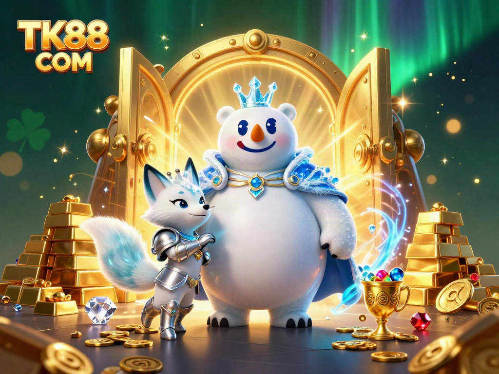 Experience excitement and win big with TK88 COM's vibrant casino-themed illustration featuring treasures.