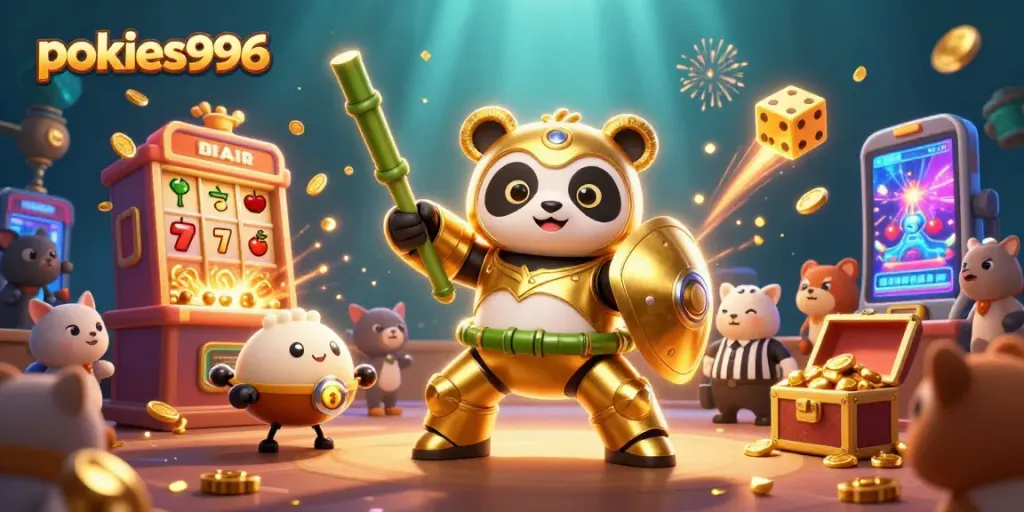 Experience excitement with pokies996 in a vibrant 3D casino scene featuring a golden panda and dynamic gaming elements.