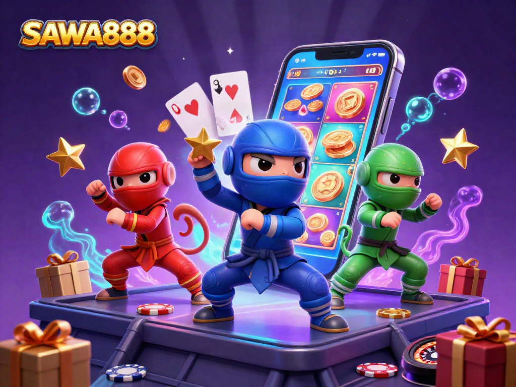 Experience SAWA888's thrilling gameplay with vibrant 3D illustrations of ninja chameleons amid casino elements.