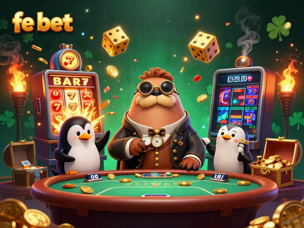 Experience thrilling gameplay at fe bet with cartoon characters enjoying poker and slot machines underwater.