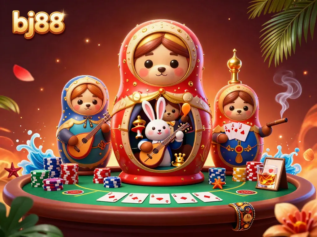 Experience bj88's lively casino scene featuring cartoon bears and gambling elements