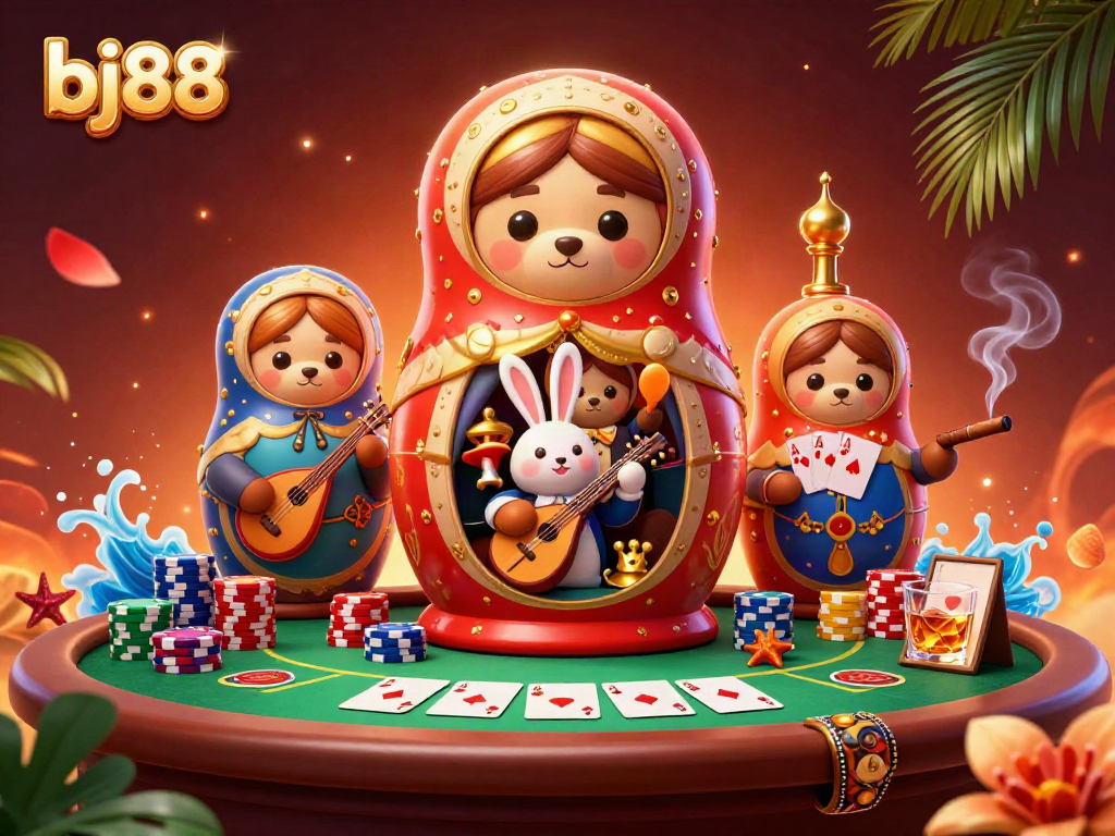 Experience bj88's lively casino scene featuring cartoon bears and gambling elements