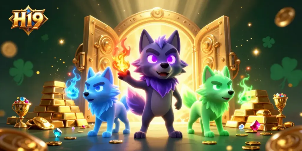 Experience thrilling H19 ghostly wolves playing for riches among treasure in this dynamic casino scene.