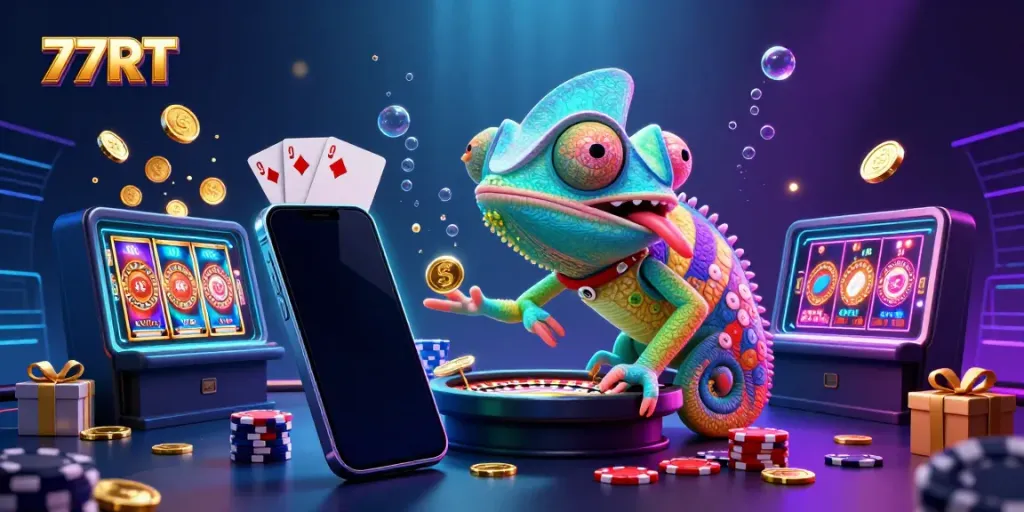 Experience the thrilling world of 77RT in a vibrant 3D casino scene with engaging game elements.