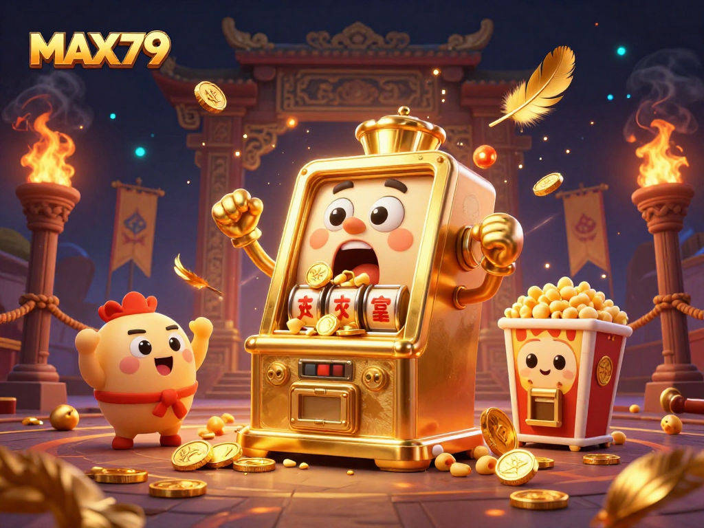 Max79 slot machine hitting the jackpot with coins pouring and baby machines cheering in a vibrant casino scene.