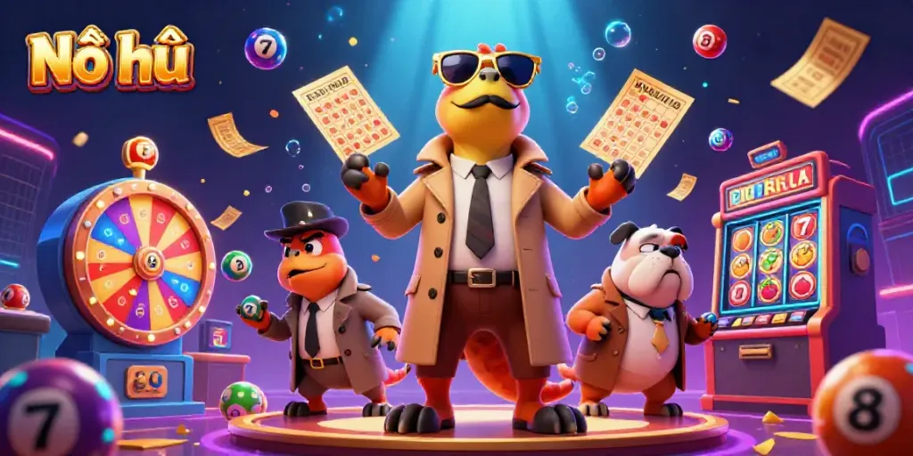 Nổ hũ raptors attempting VIP entry in a vibrant casino scene with lottery elements and glowing effects