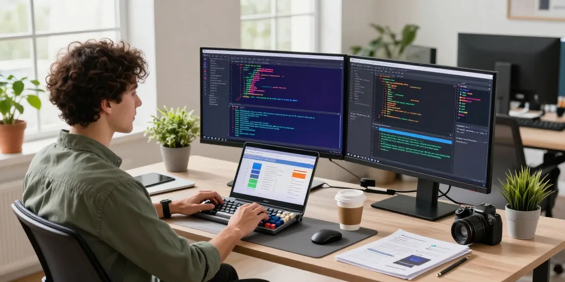 Developer coding software with screens displaying pecah404 project details in a modern workspace.