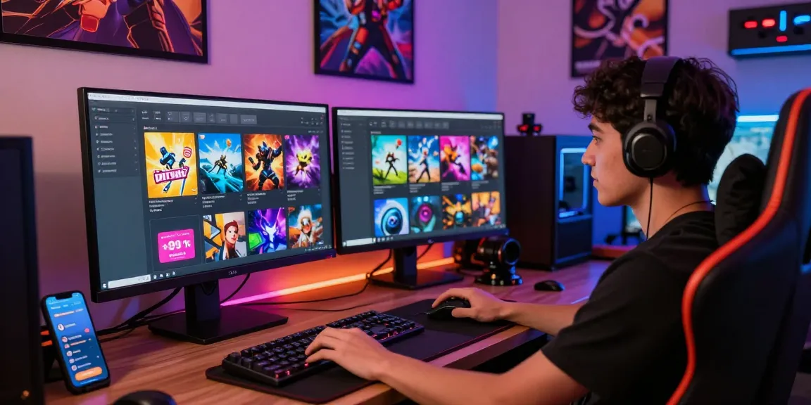 Engaging gamer exploring warung168 digital marketplace for game accessories and gift cards.