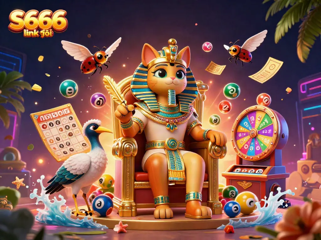 S666 link vào showcases a vibrant 3D casino scene with an Egyptian pharaoh cat and dynamic gambling elements.
