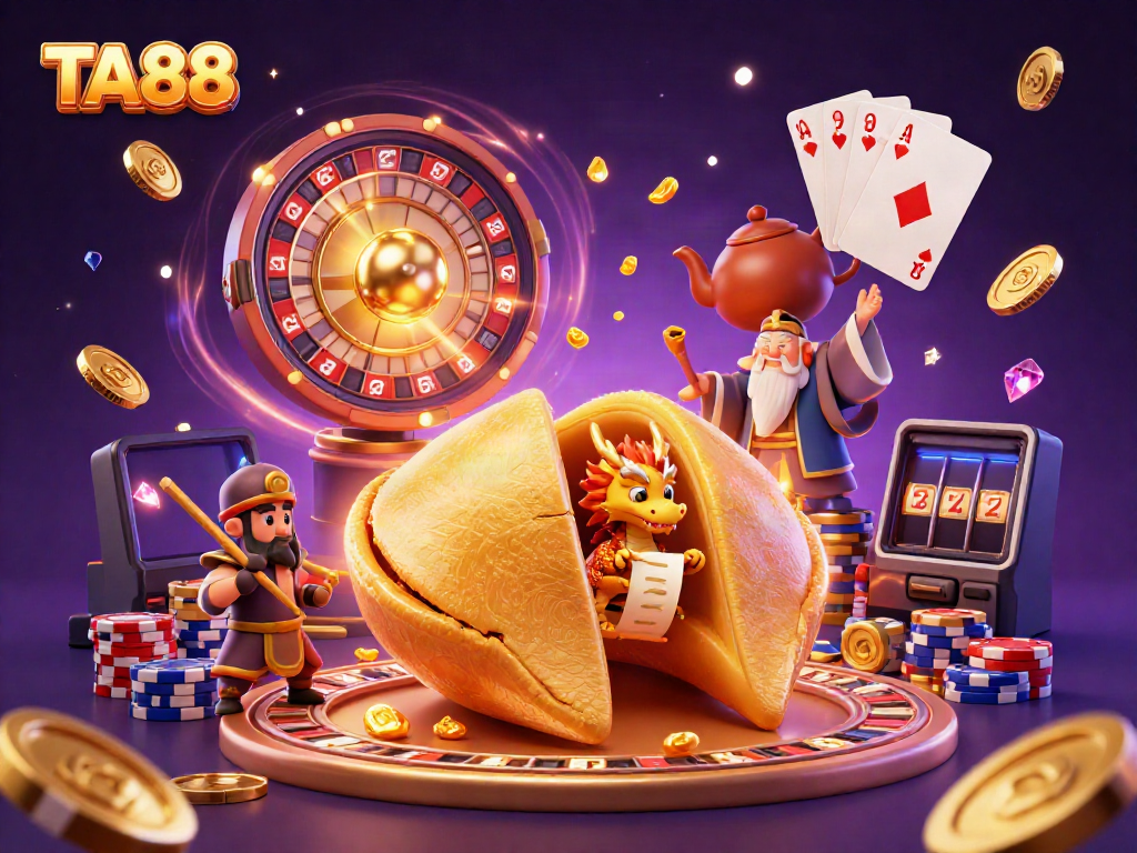 Experience the excitement of TA88 with dynamic gaming symbols and a whimsical dragon guarding fortune.