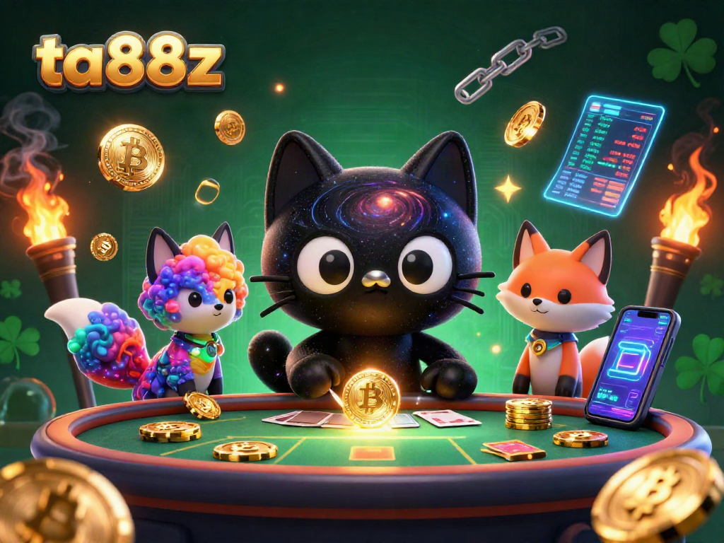 Engage with ta88z at a cosmic casino featuring unique characters amidst crypto elements.