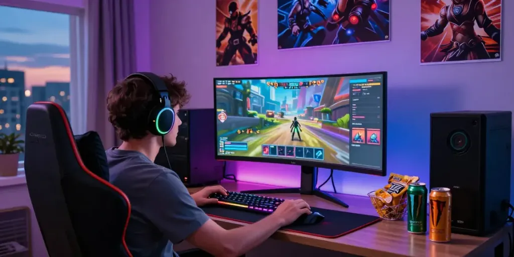 Gamer engaging with warung168 digital gaming platform in a vibrant home setup.