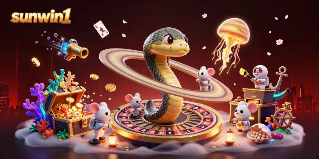 Engage in thrilling bets with sunwin1 at the cosmic roulette, featuring a Saturn snake and astronauts.
