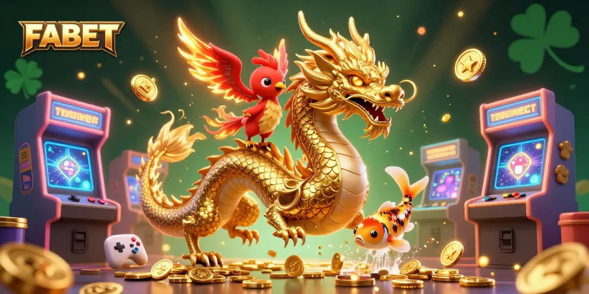 Join FABET's colorful gaming adventure featuring a golden dragon, a phoenix, and coins showering down.