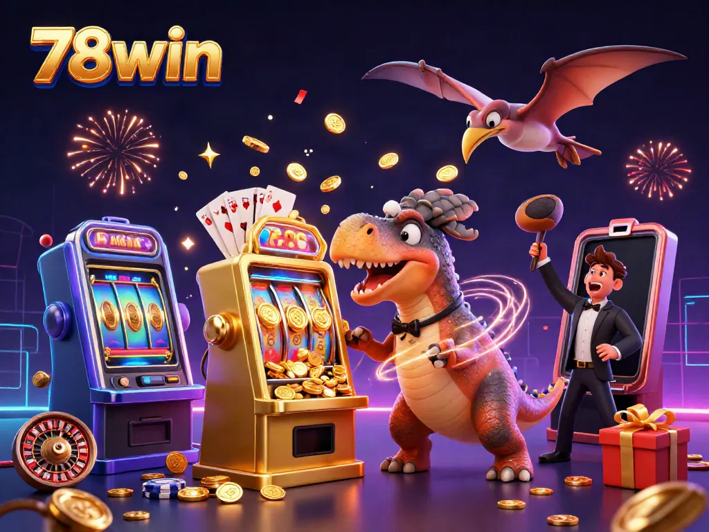 Witness the 78win pachycephalosaurus triumphantly activating a golden jackpot slot machine in a lively casino scene.