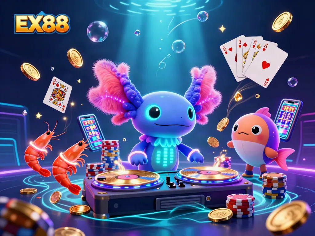 Light up the gaming scene with EX88 in vibrant 3D illustration of underwater casino party!