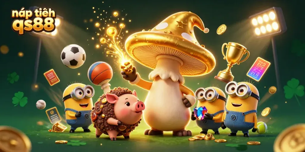 Experience nạp tiền qs88 with magical treasures and vibrant sports elements in a 3D illustration.