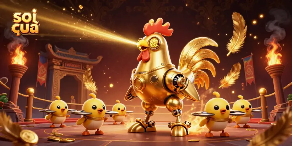 Soi cầu lottery strategies illustrated with a futuristic rooster robot and chick drones amidst casino elements.
